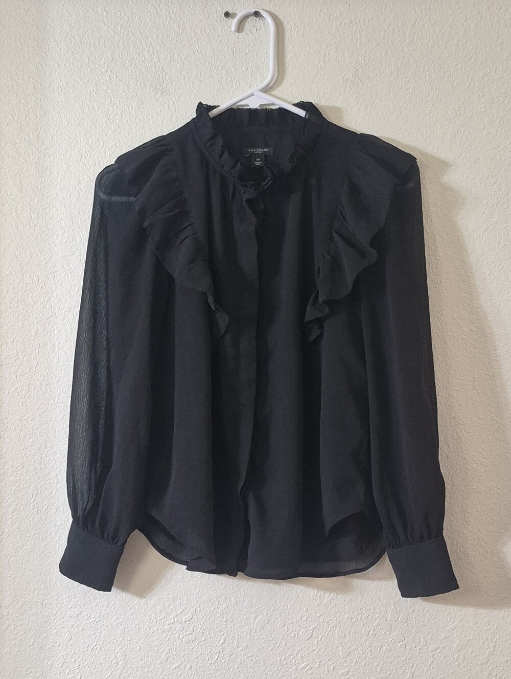 Ann Taylor Black Ruffled Sheer Long-Sleeve Blouse
